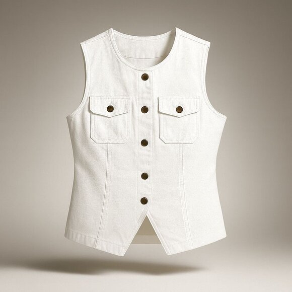 Madewell Denim High Crewneck Vest Women's Size 12 Tile White Utility Pockets NWT - Picture 1 of 16